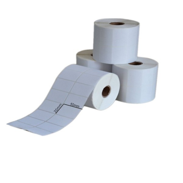 Decal in tem nhãn, mã vạch 50x30mm 2 tem/hàng, cuộn 50m