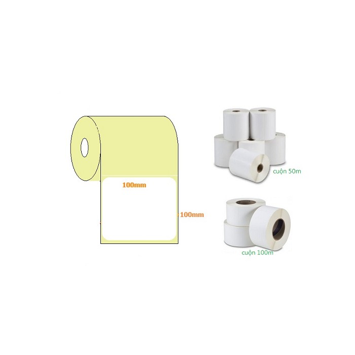 Giấy in mã vạch thường 100x100mm cuộn 50m 1tem/ hàng